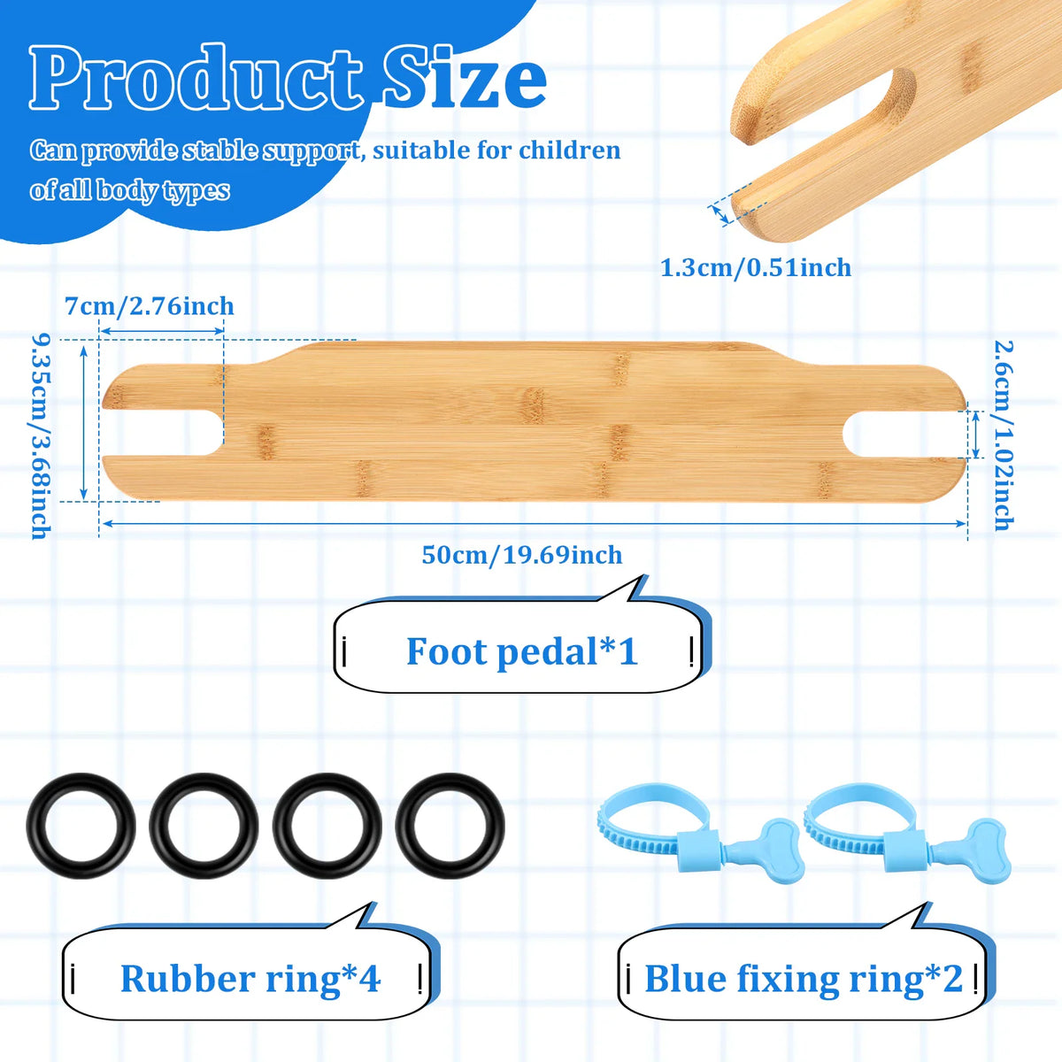 Bamboo highchair footrest product dimensions and included mounting hardware