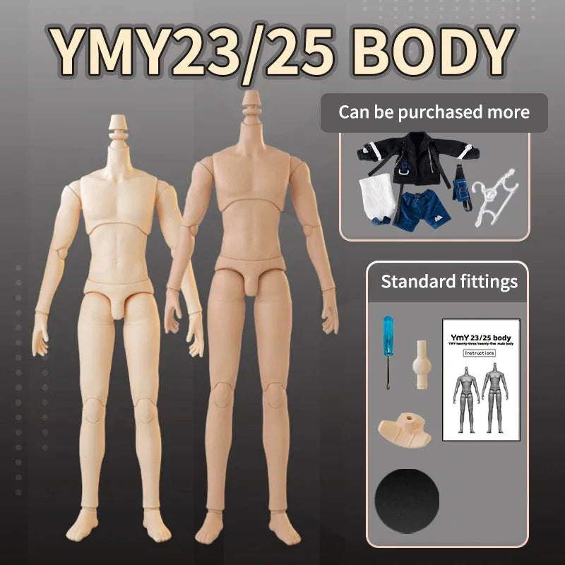 Two male doll bodies standing with various accessories, clothing, and assembly tools