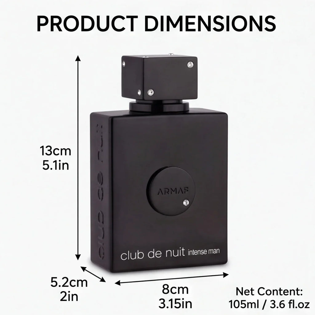 A black cologne bottle with dimensions and volume labeled