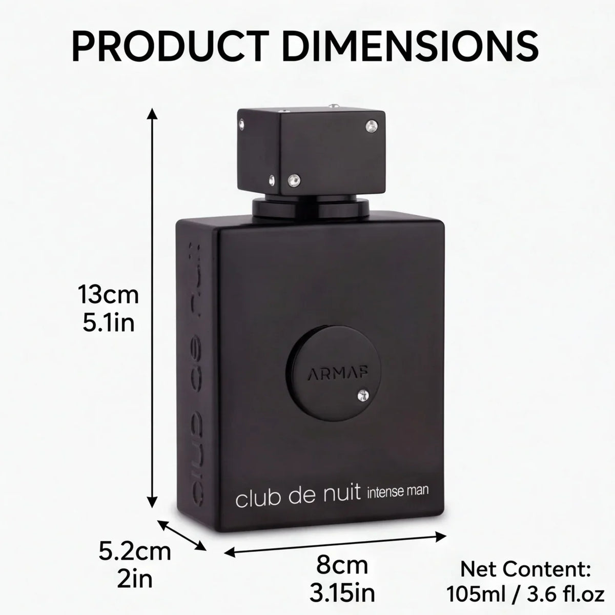 A black cologne bottle with dimensions and volume labeled