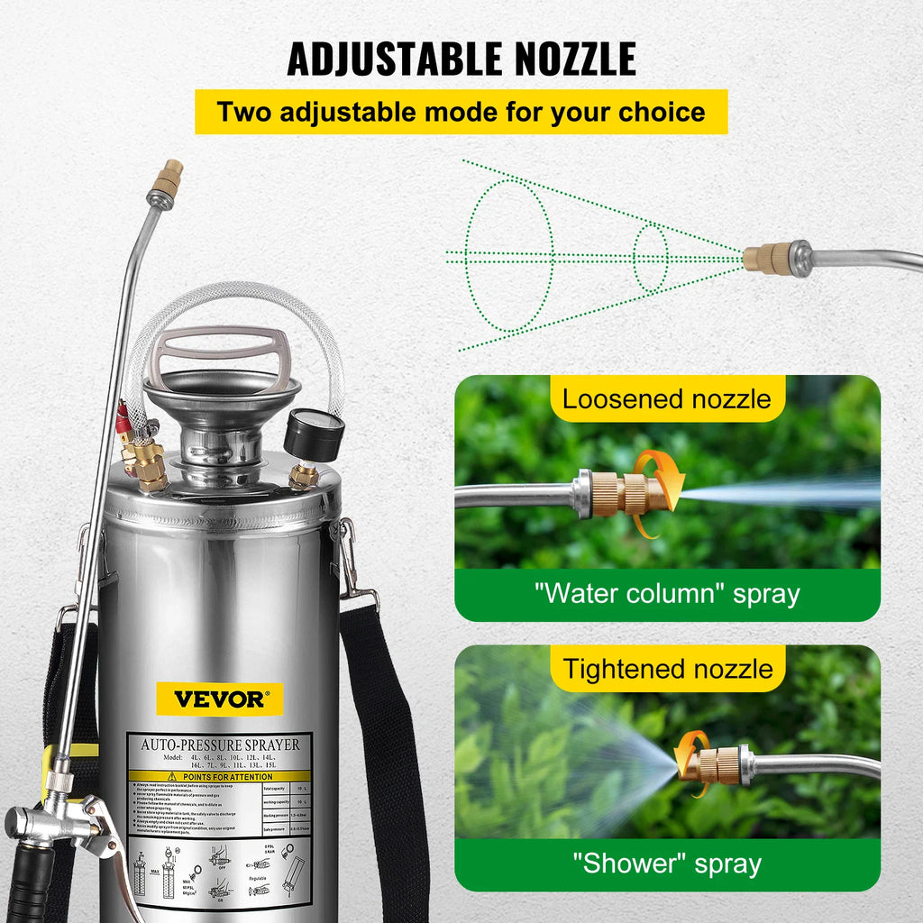 Stainless steel pressure sprayer with adjustable nozzle spray modes