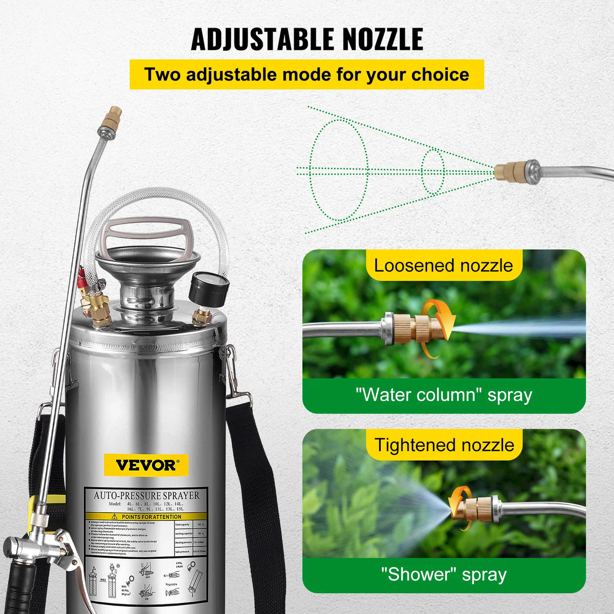 Stainless steel pressure sprayer with adjustable nozzle spray modes