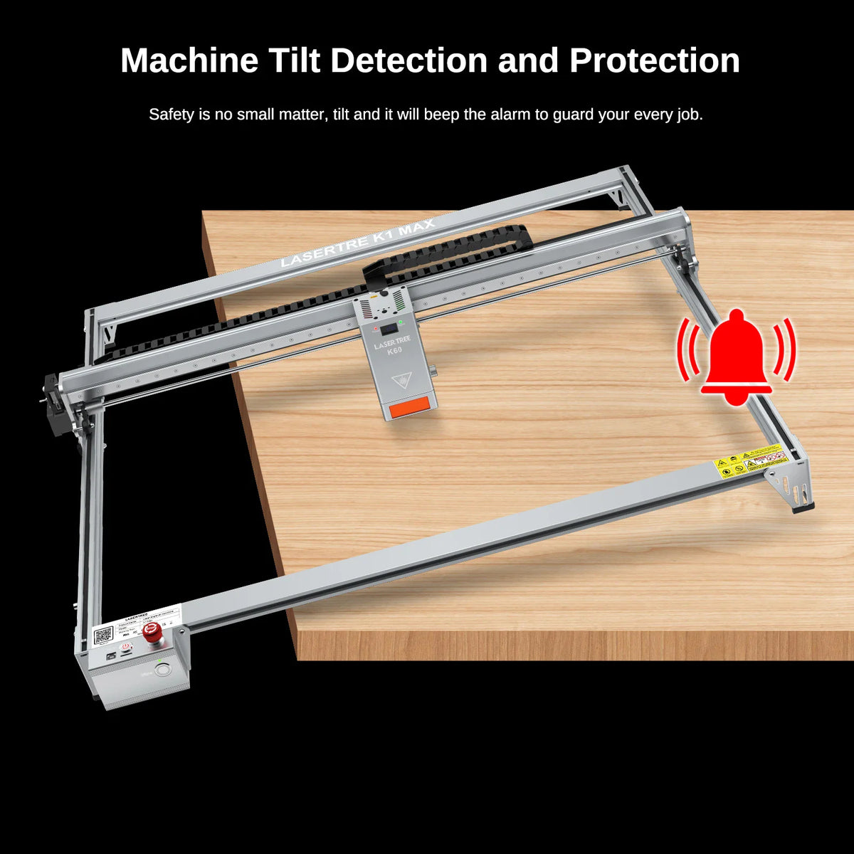 Laser engraving machine featuring safety tilt detection and alarm system