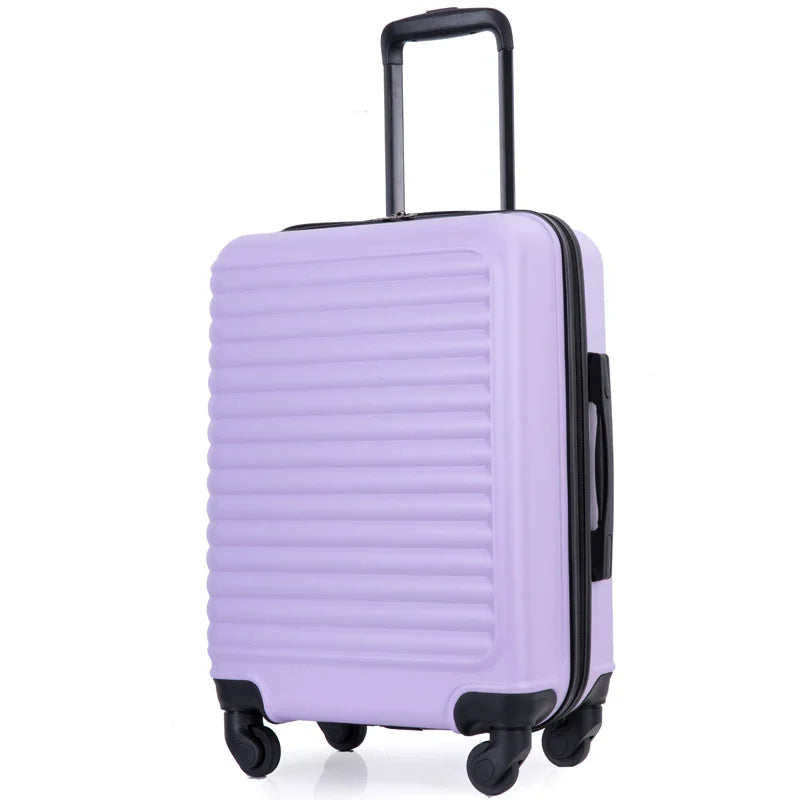 Small light purple hardshell carry-on suitcase with four spinner wheels and telescoping handle