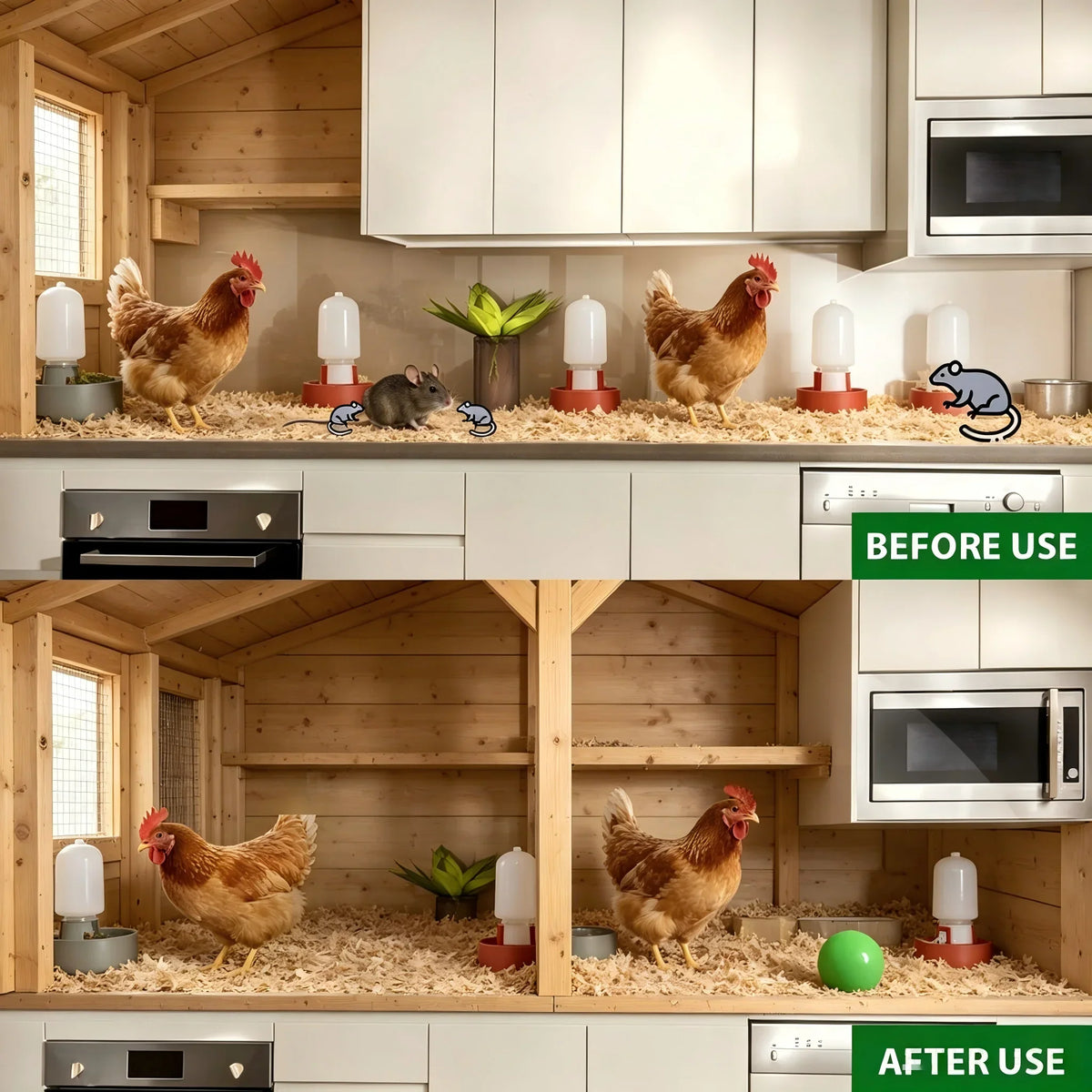 Before and after demonstration of rodent repellent use in a chicken coop