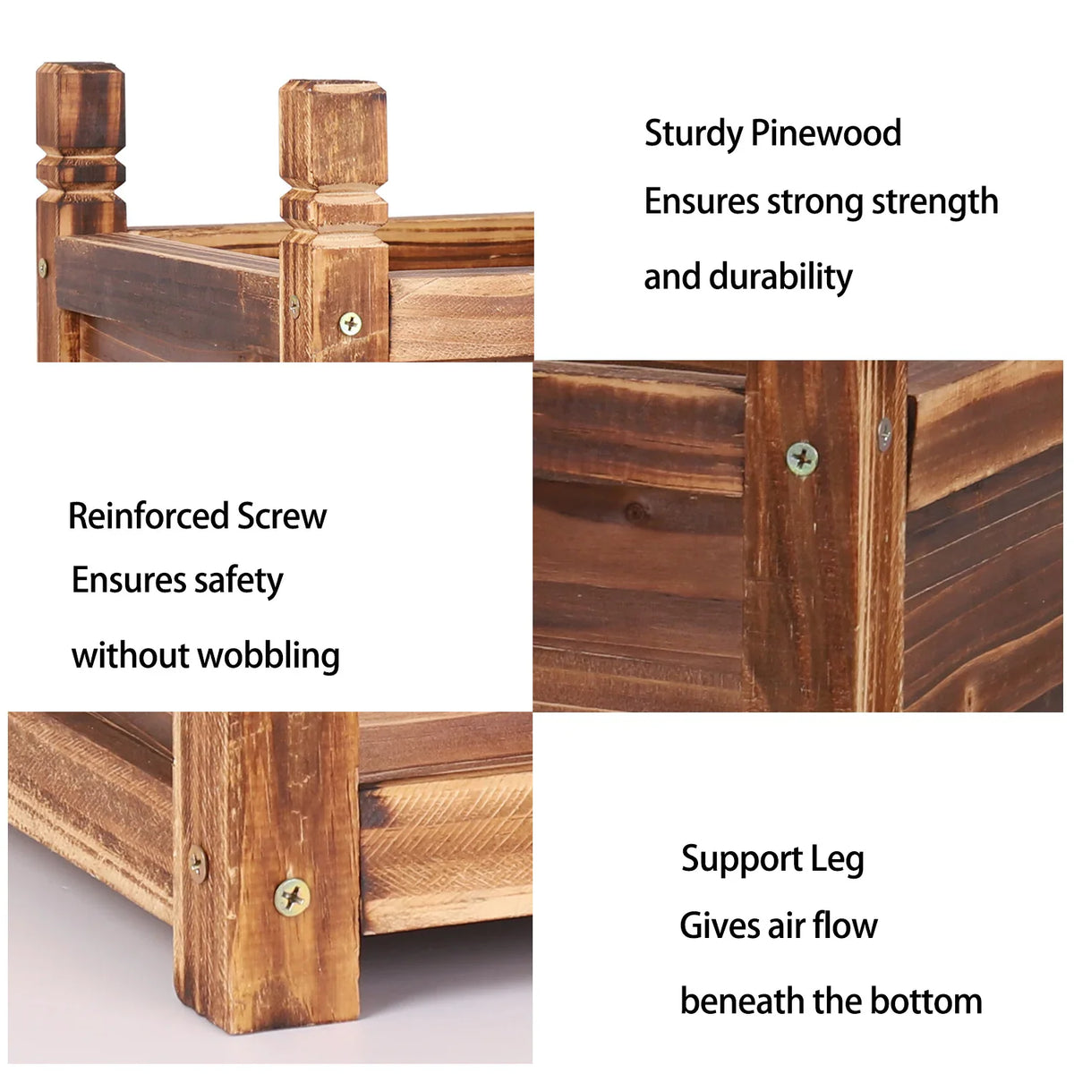 Four-part panel showing close-ups of wood planter construction details including legs, screws, and wood grain