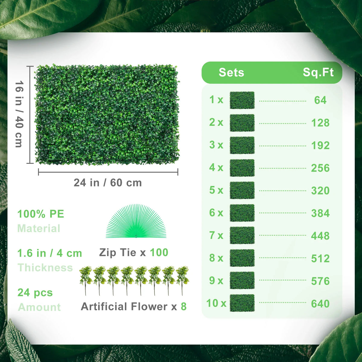 Technical specifications and size chart for artificial boxwood hedge panels
