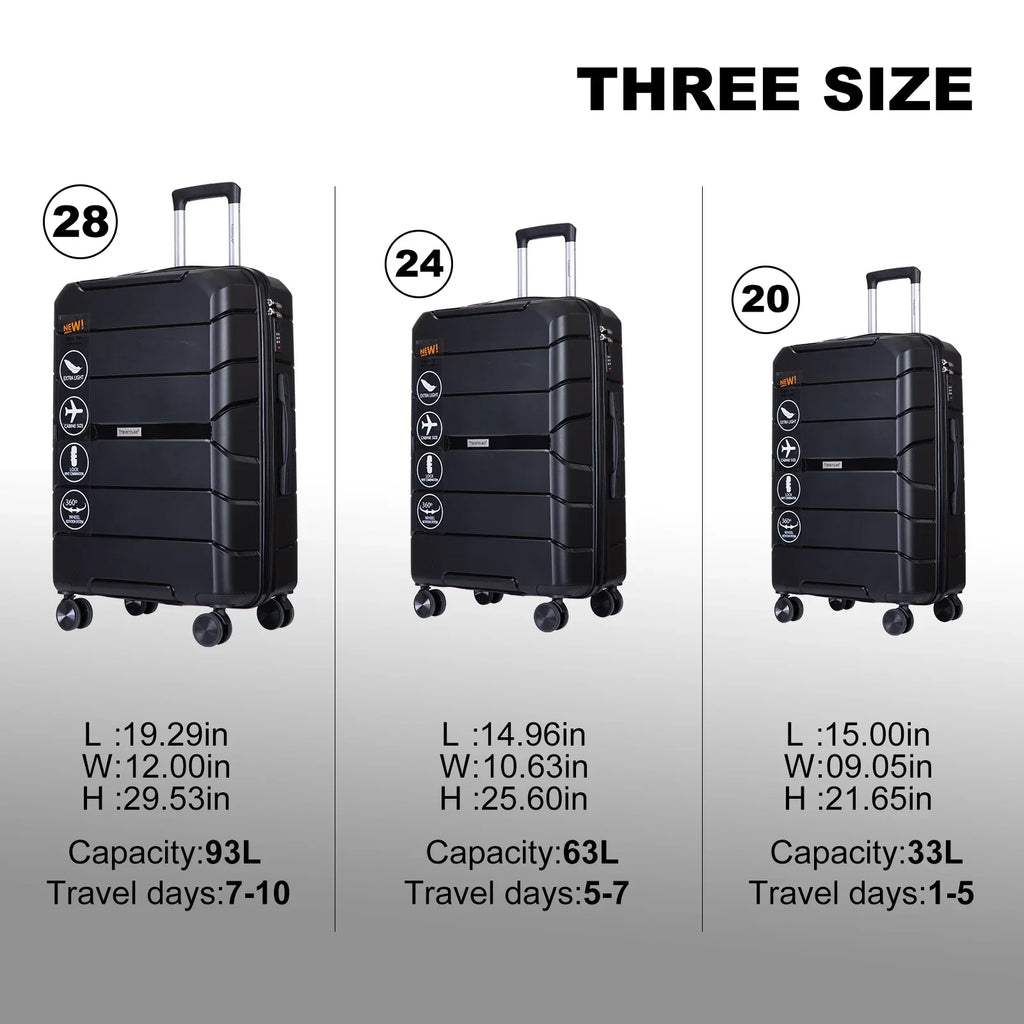 Three black hardshell suitcases displayed with their respective size and capacity specifications.