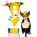 Yellow and blue cutout bodysuit costume with mask, gloves, and leg warmers on a white background
