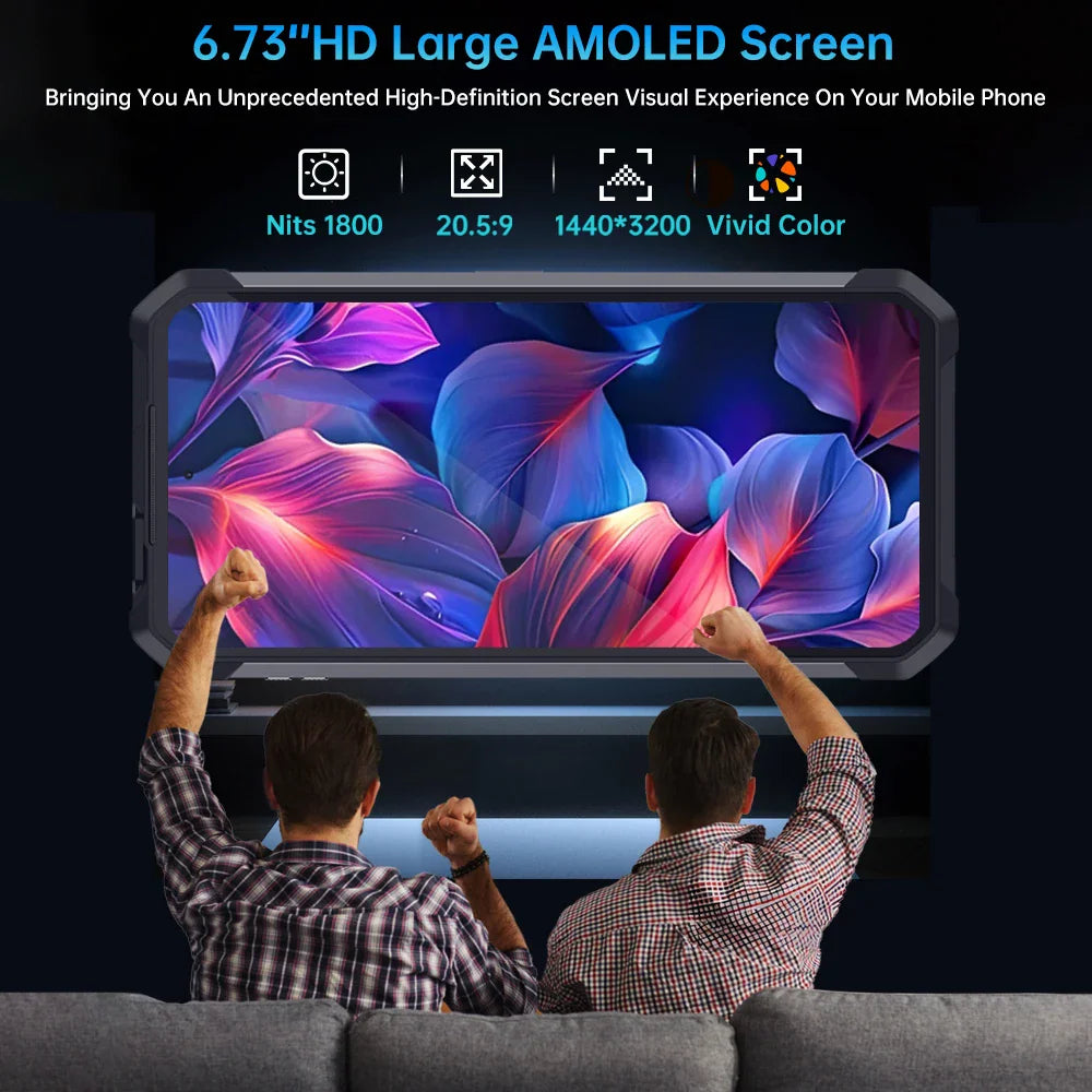Rugged smartphone displaying a large AMOLED screen with two men cheering at the high-definition visual quality.