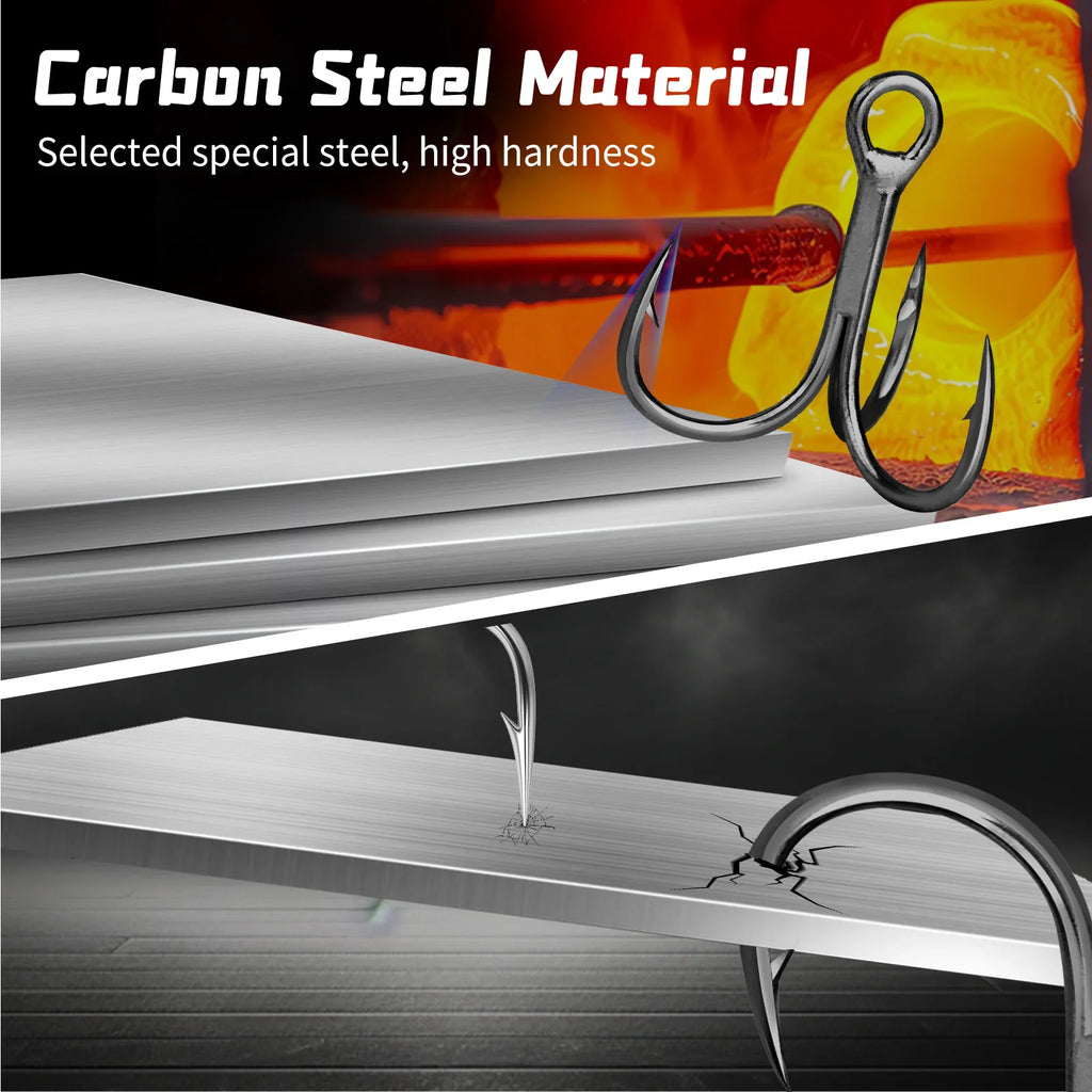 Carbon steel treble fishing hook showing material durability