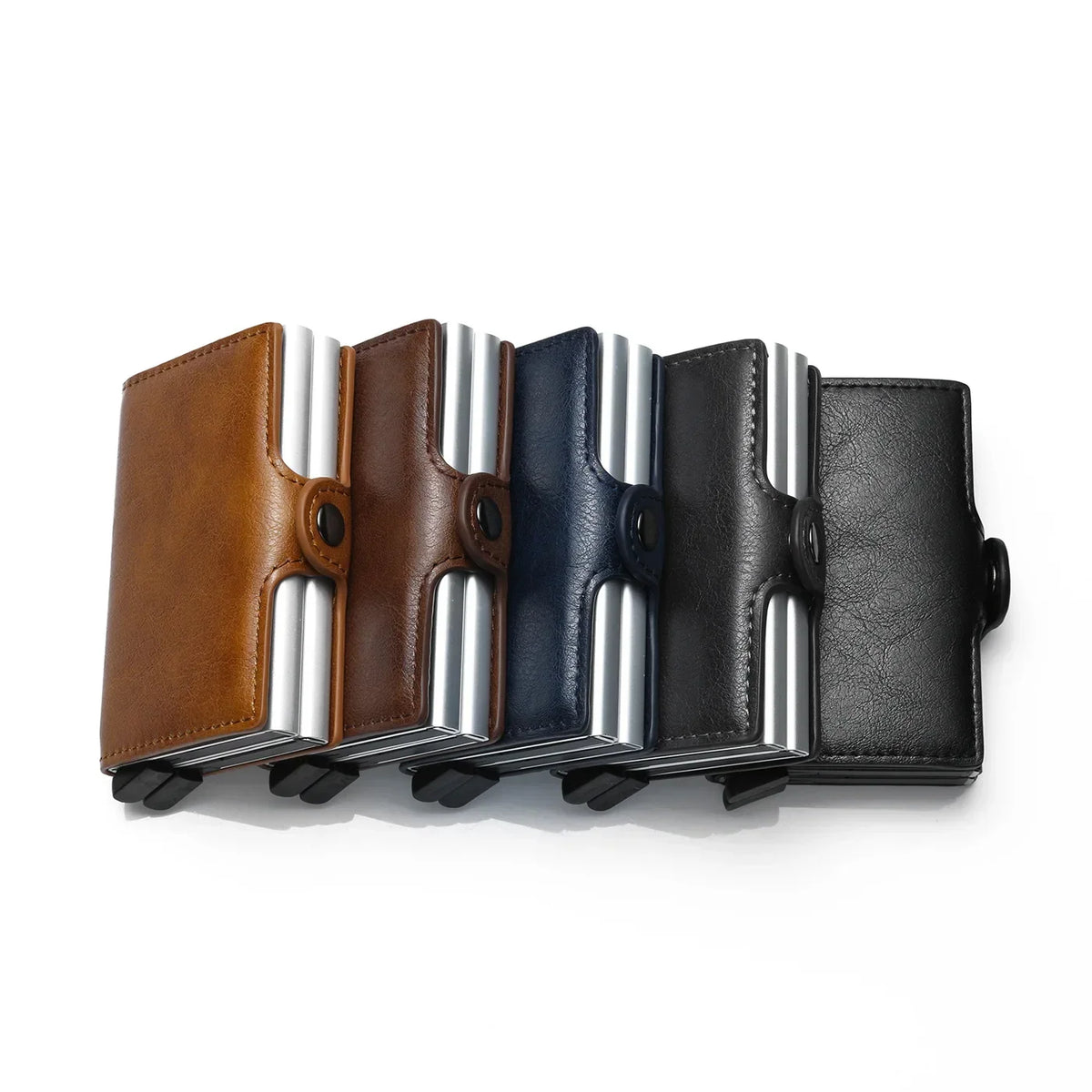 Five slim wallets in different leather colors and finishes.