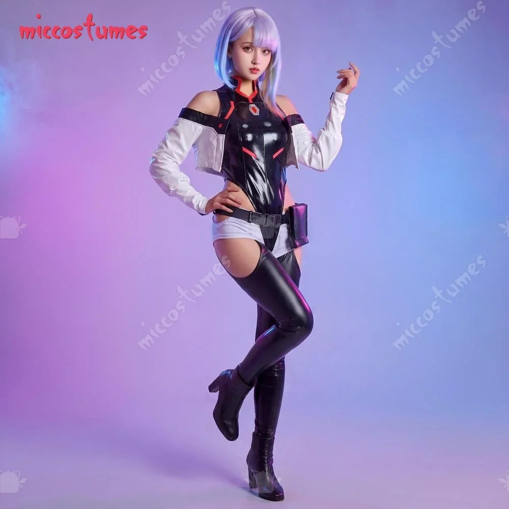 A woman wearing a cyberpunk-style black and white leotard and thigh-high boots costume, standing in a pose.