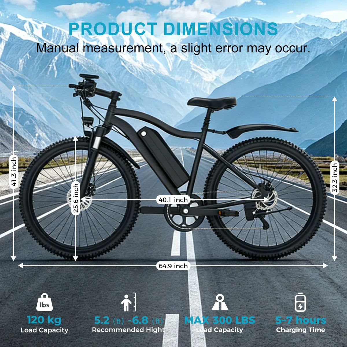 Black electric bike with annotated dimensions and load specifications