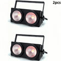 Pair of black dual-lens stage audience blinder lights on white background