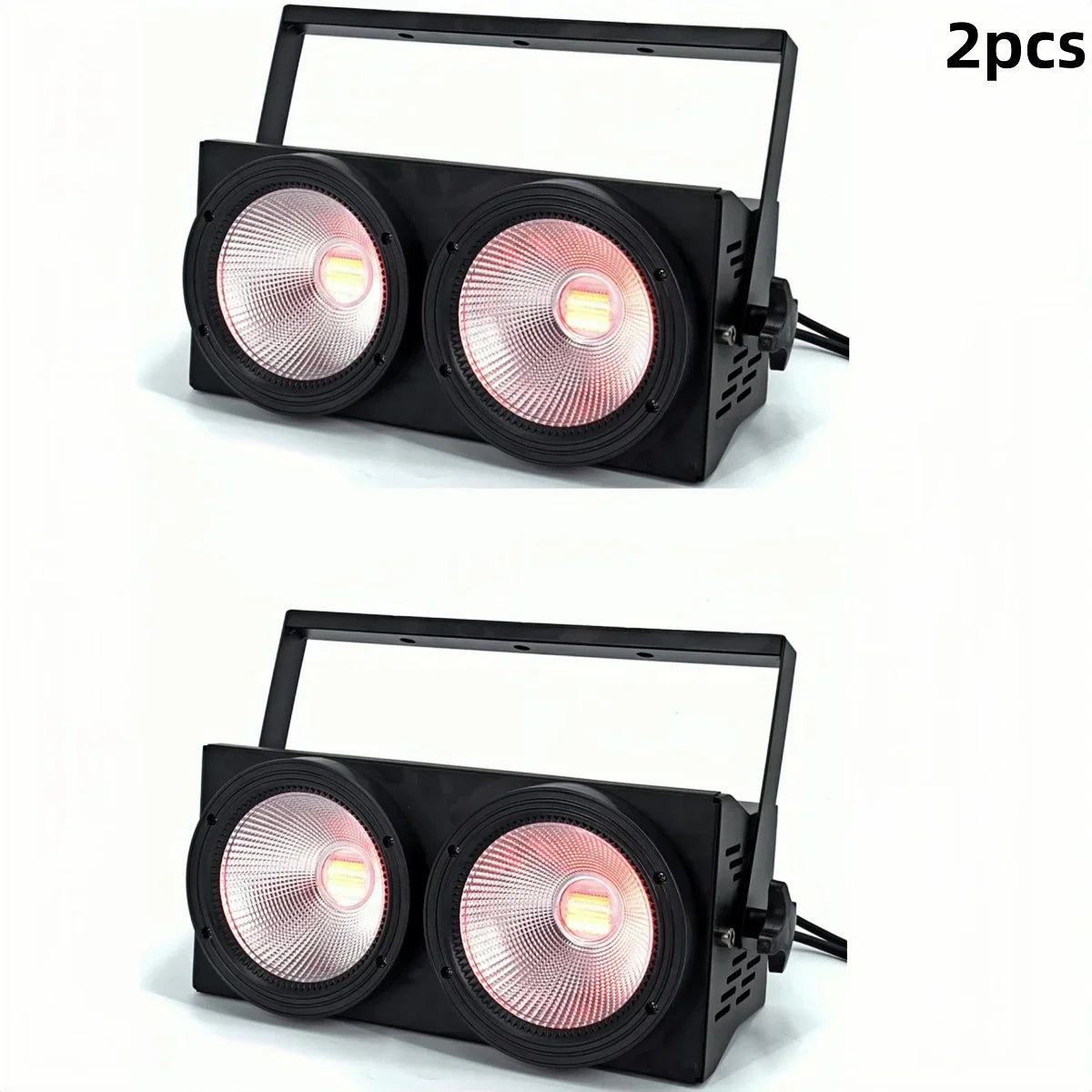 Pair of black dual-lens stage audience blinder lights on white background