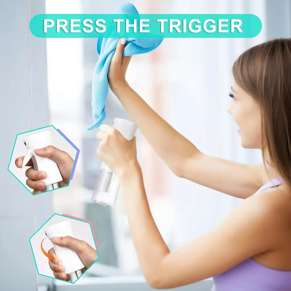 A woman using a white spray bottle to clean a glass surface, with smaller images showing how to hold and use the trigger
