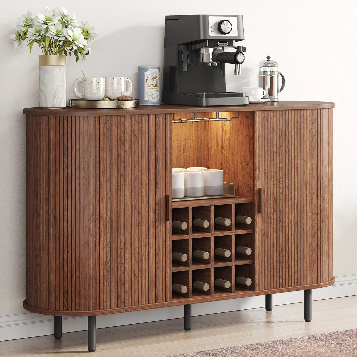 Modern walnut wine bar cabinet with sliding doors, LED lighting, and wine rack display – Walnut
