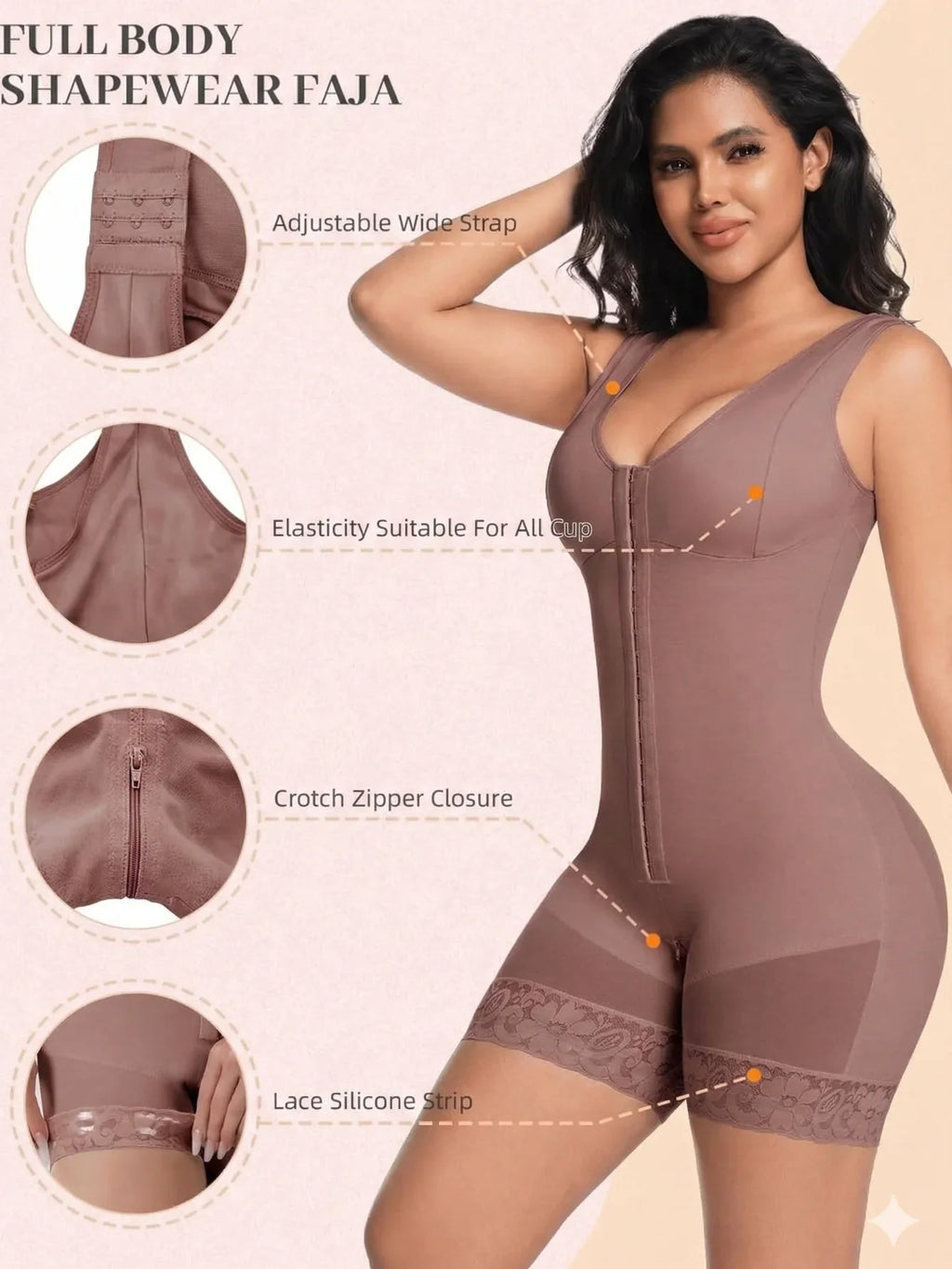 A brown full body shapewear bodysuit with callouts for adjustable straps, crotch zipper, and lace silicone strip.