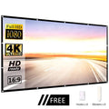 Portable projector screen in 16:9 format with included mounting hooks and adhesive stickers