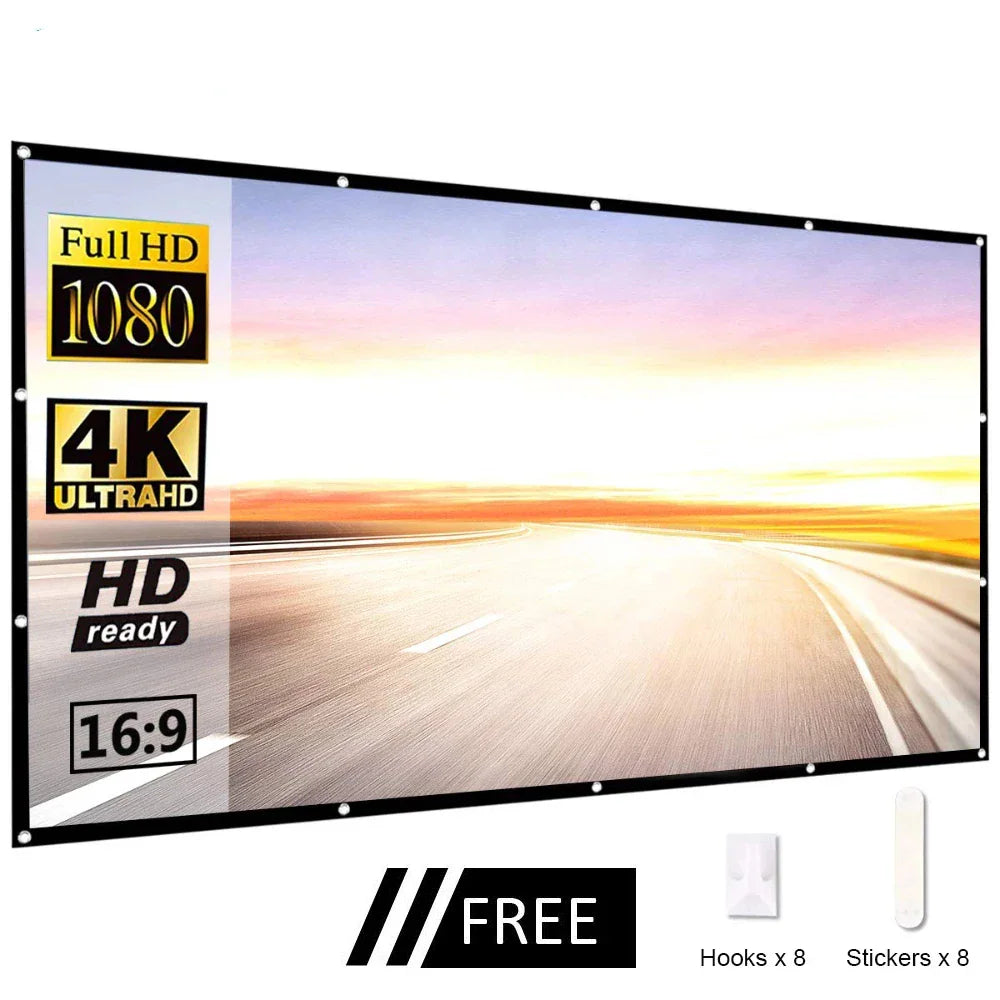 Portable projector screen in 16:9 format with included mounting hooks and adhesive stickers