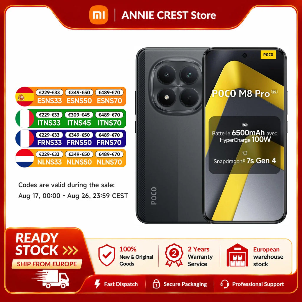 Black smartphone with front and back views showing technical specifications and promotional discount codes.