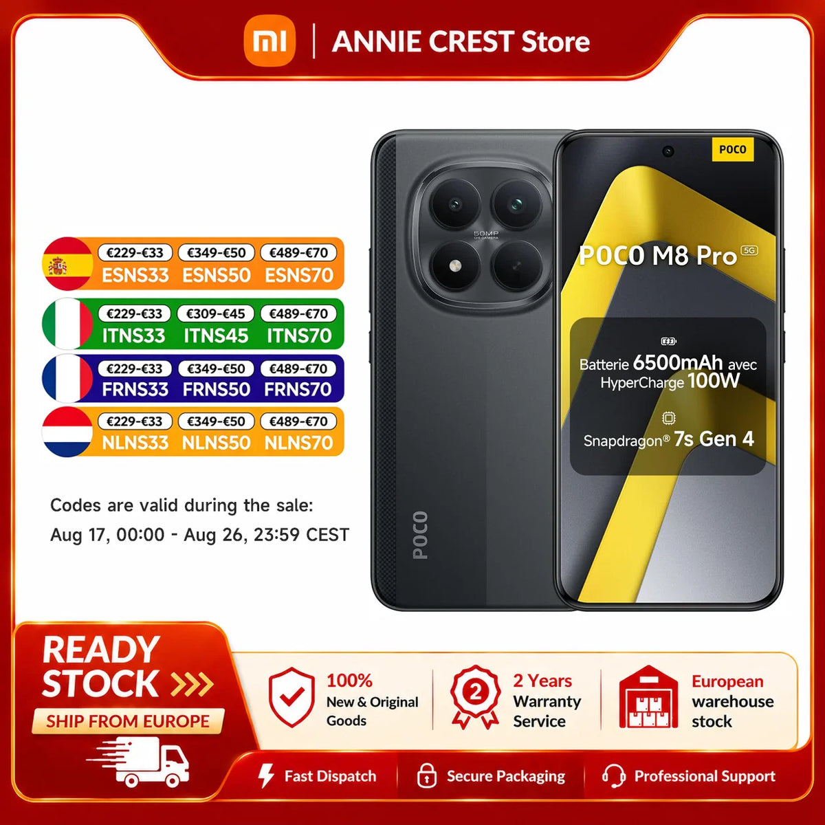 Black smartphone with front and back views showing technical specifications and promotional discount codes.