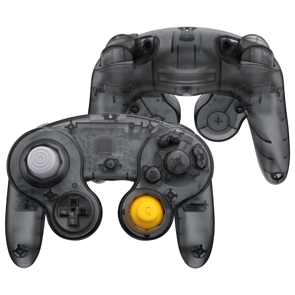 Black transparent gaming controller replacement shell kit including front and back housing pieces.