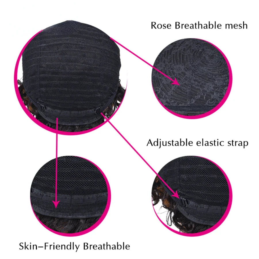 Interior view of a wig cap highlighting its breathable mesh and adjustable elastic straps.
