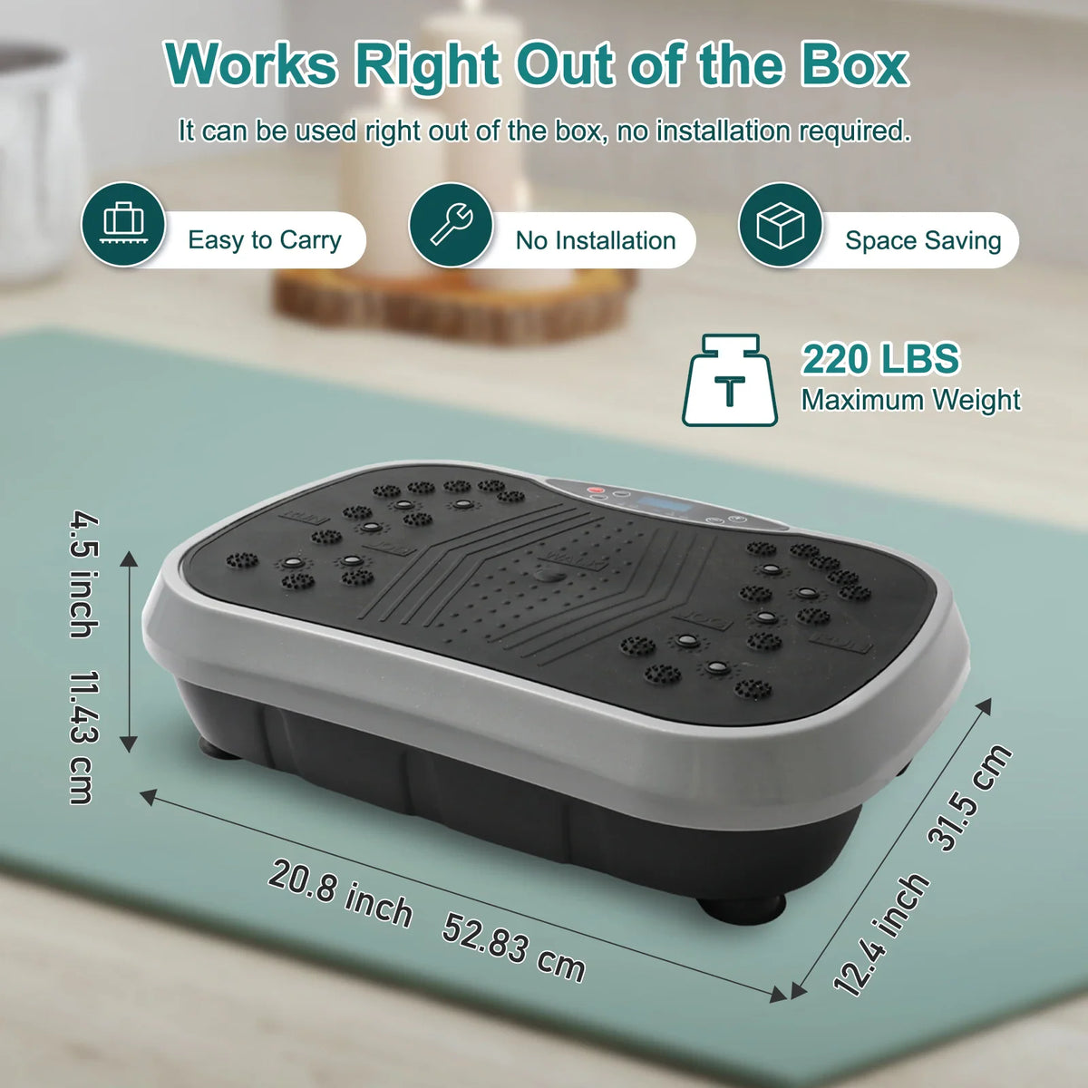 Vibration plate exercise machine showing dimensions and weight capacity details