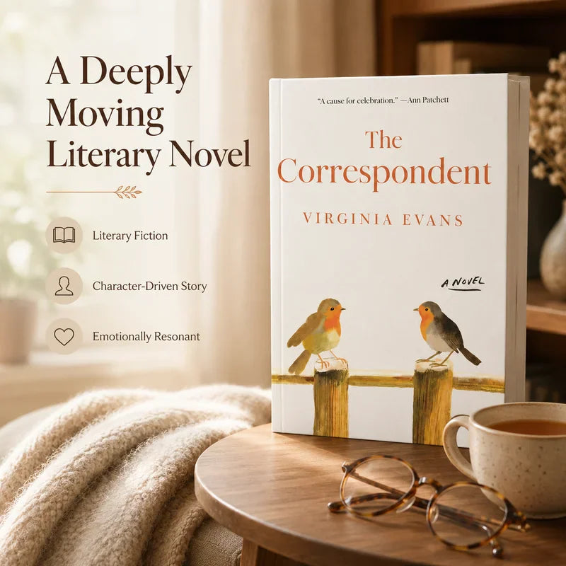 Hardcover book titled The Correspondent on a wooden table with a cup of tea and reading glasses, surrounded by promotional