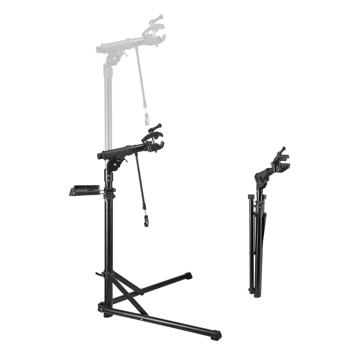 Black foldable bicycle repair stand, shown in both extended and compact positions