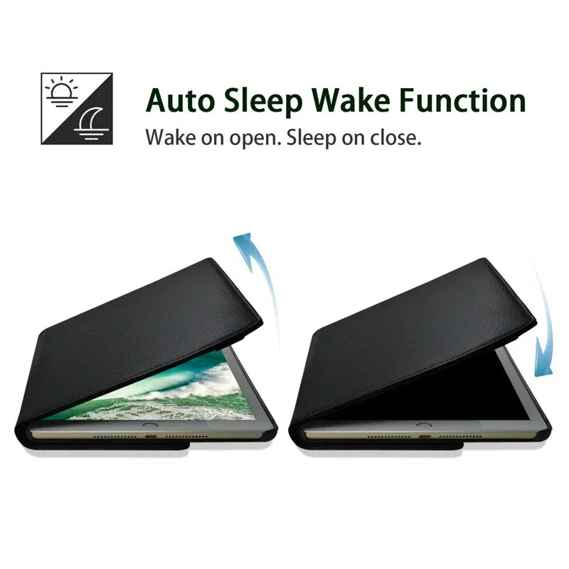 Black tablet case demonstrating the automatic sleep and wake function when opening and closing the cover.