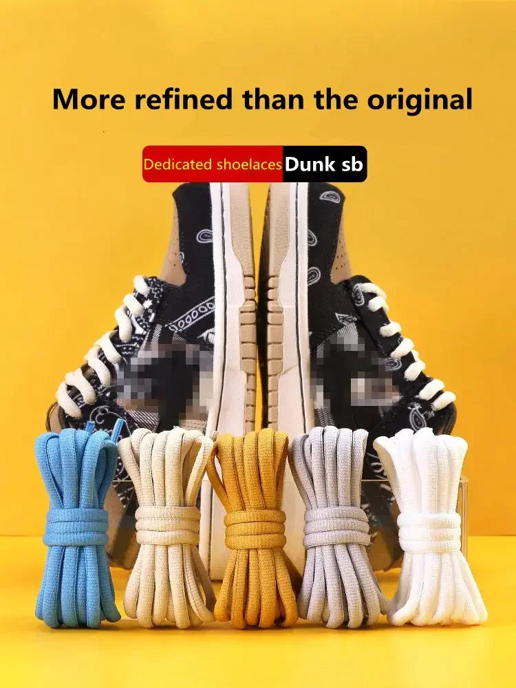A variety of colorful round polyester shoelaces for sneakers shown with patterned athletic shoes.