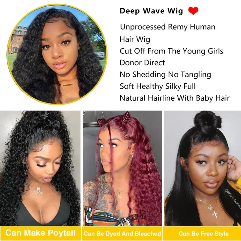 Collection of deep wave human hair wigs in various styles and colors