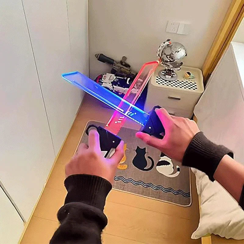 First-person view of hands holding red and blue light-up sci-fi sword toys.