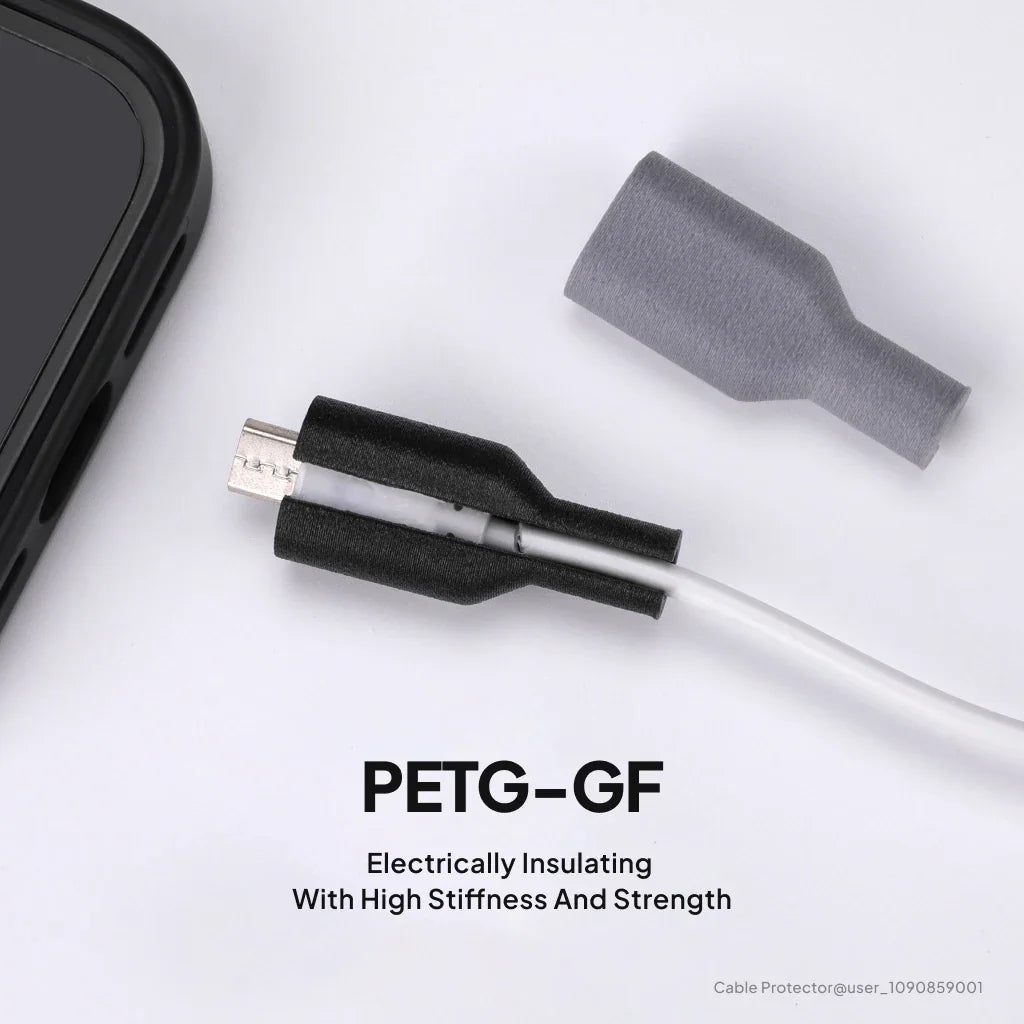 3D printed cable protectors made from gray and black PETG-GF filament