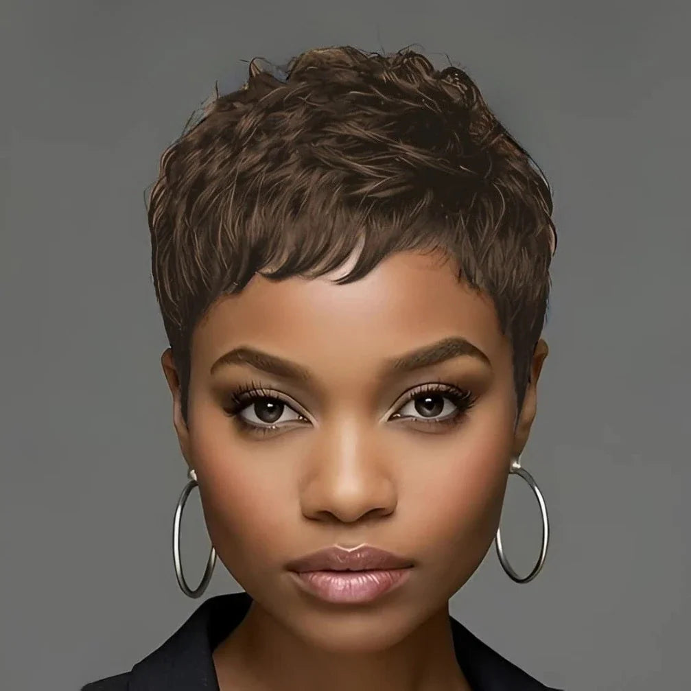 A short, dark brown, pixie cut curly human hair wig on a mannequin.