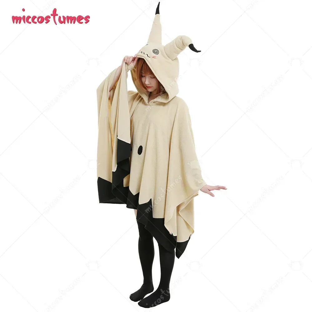 A beige hooded cosplay poncho with black details, side view.