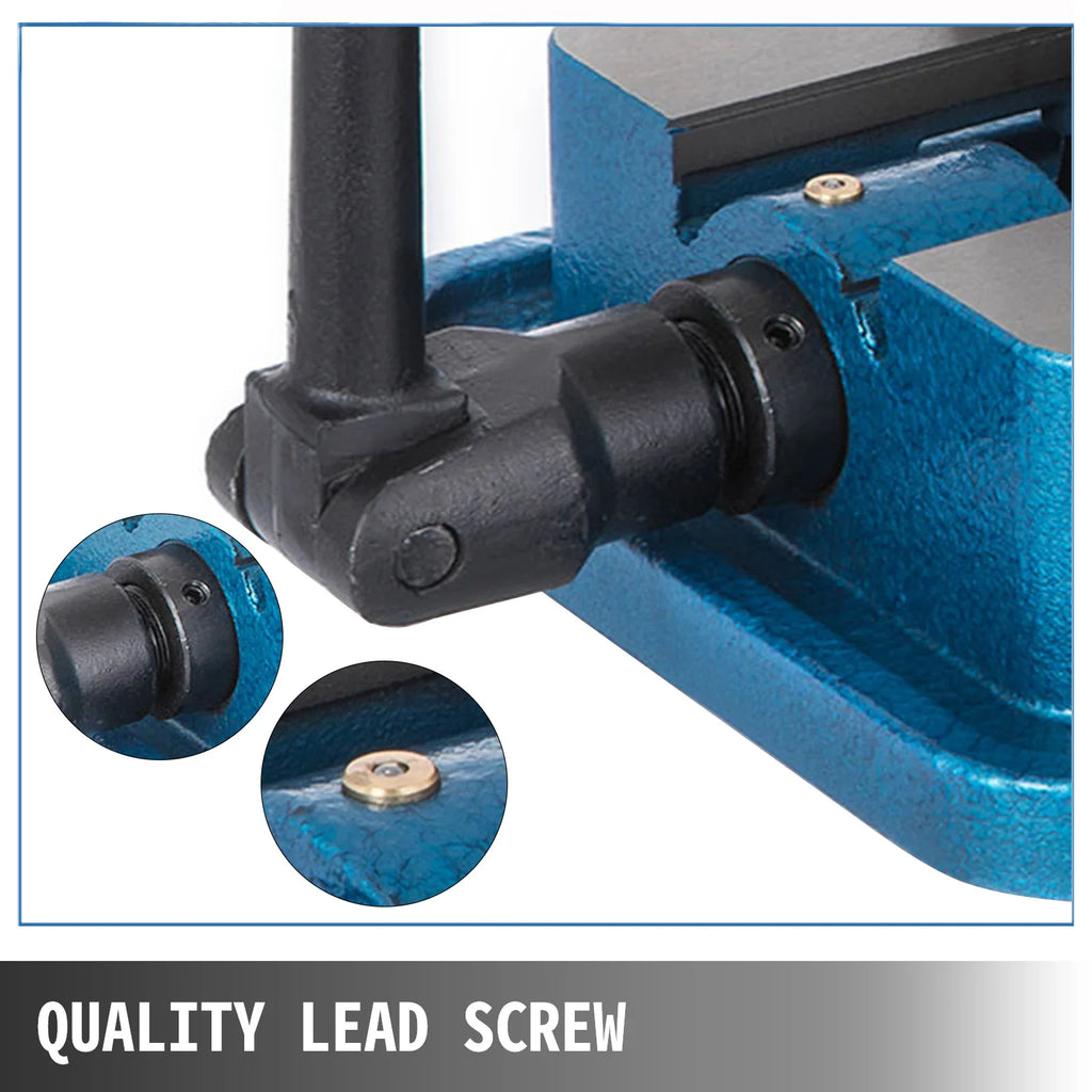 Close up of the lead screw and adjustment mechanism on a blue milling vise