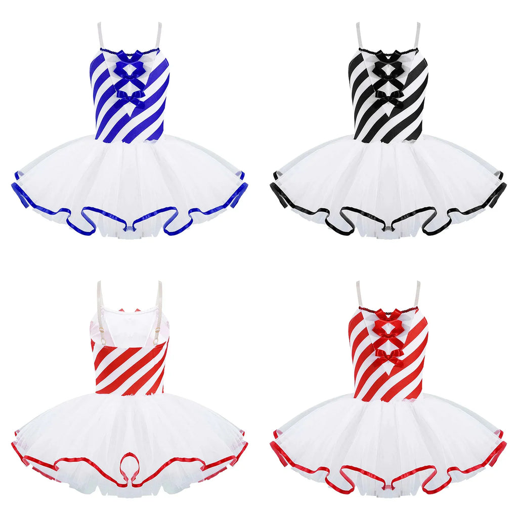A selection of candy cane striped ballet leotards in various colors with white tutus.