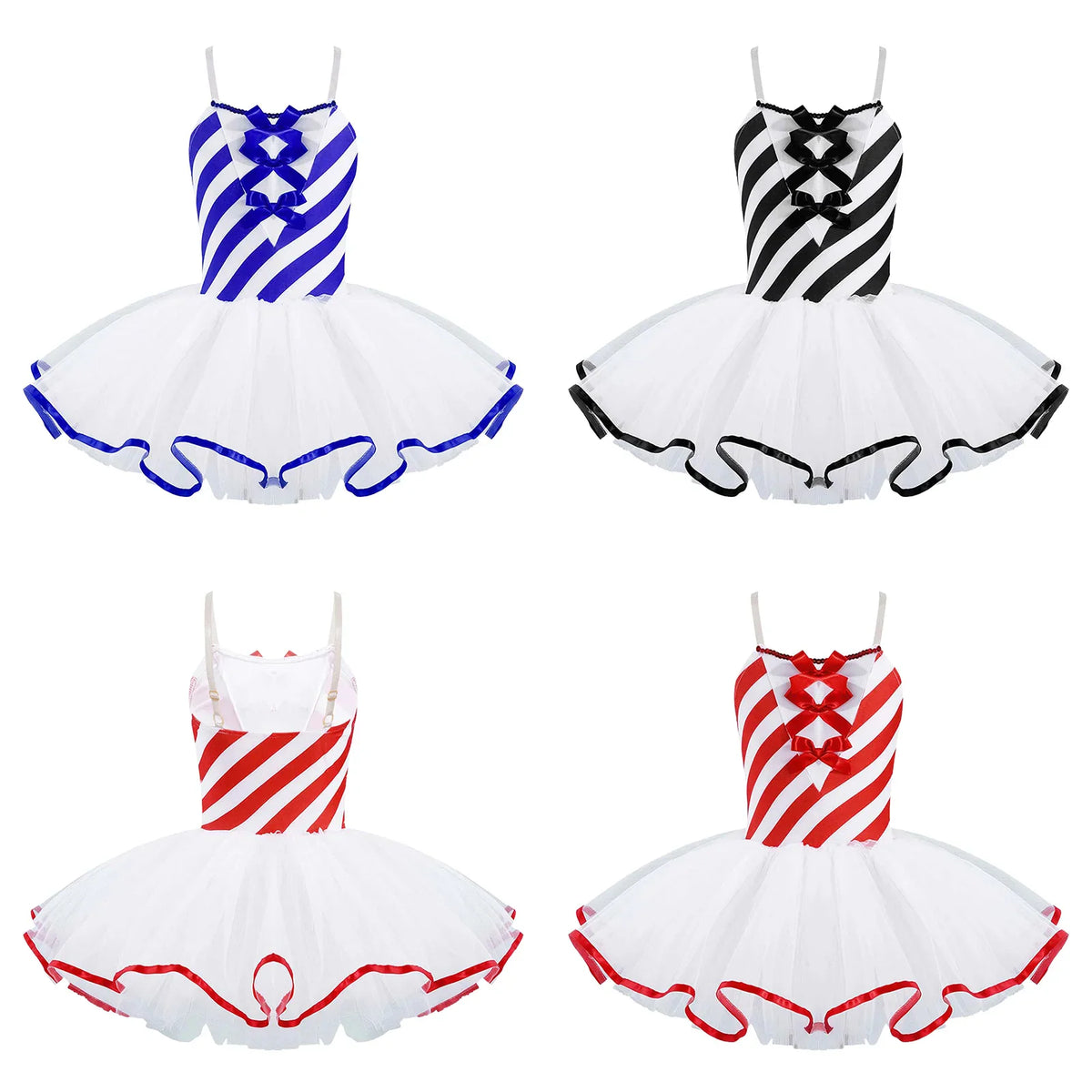 A selection of candy cane striped ballet leotards in various colors with white tutus.