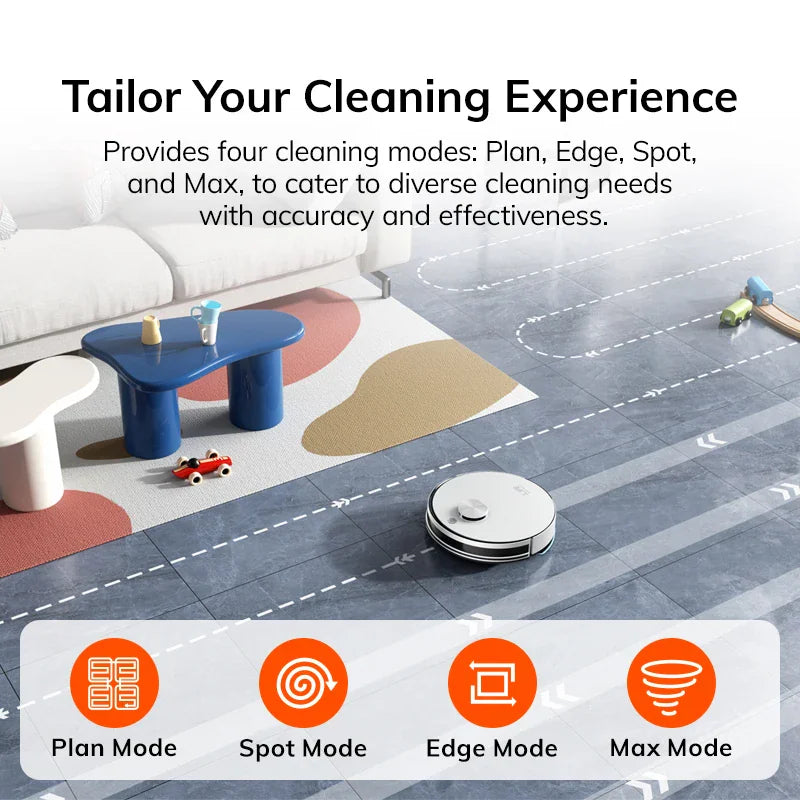 White robot vacuum cleaner with cleaning mode icons for plan, spot, edge, and max
