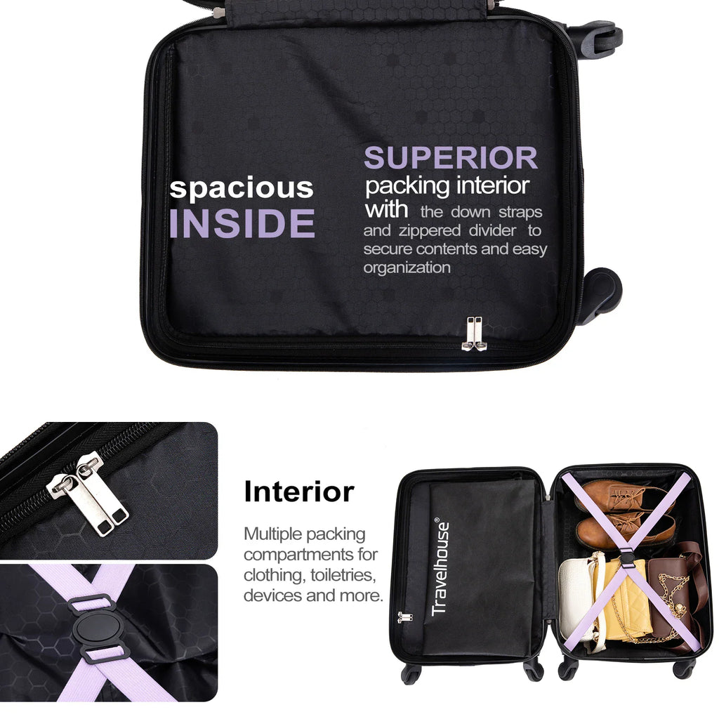 Interior view of purple hardshell carry-on showing packing compartments, zipper divider and straps