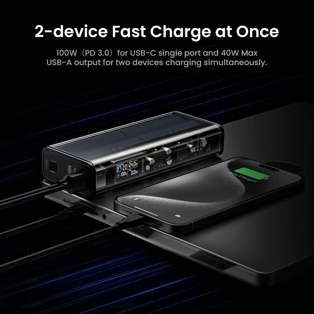 Shargeek 140 portable power bank with metallic alloy finish and digital display showing charging status – view 3