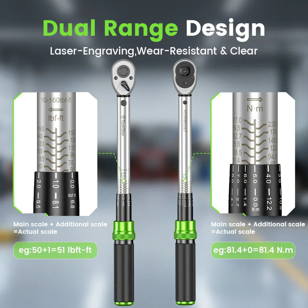 Technical diagram showing the dual range scale of a torque wrench.