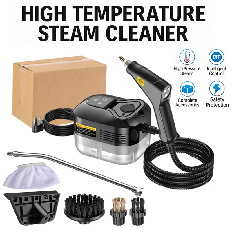 Handheld high pressure steam cleaner with attachments and storage box