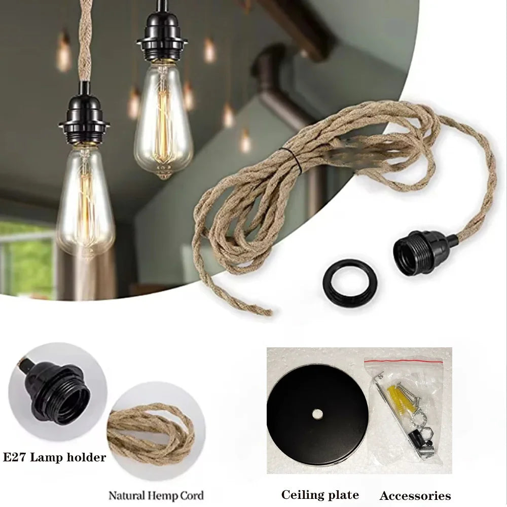 Pendant light kit components including hemp rope cord, E27 socket, and mounting hardware