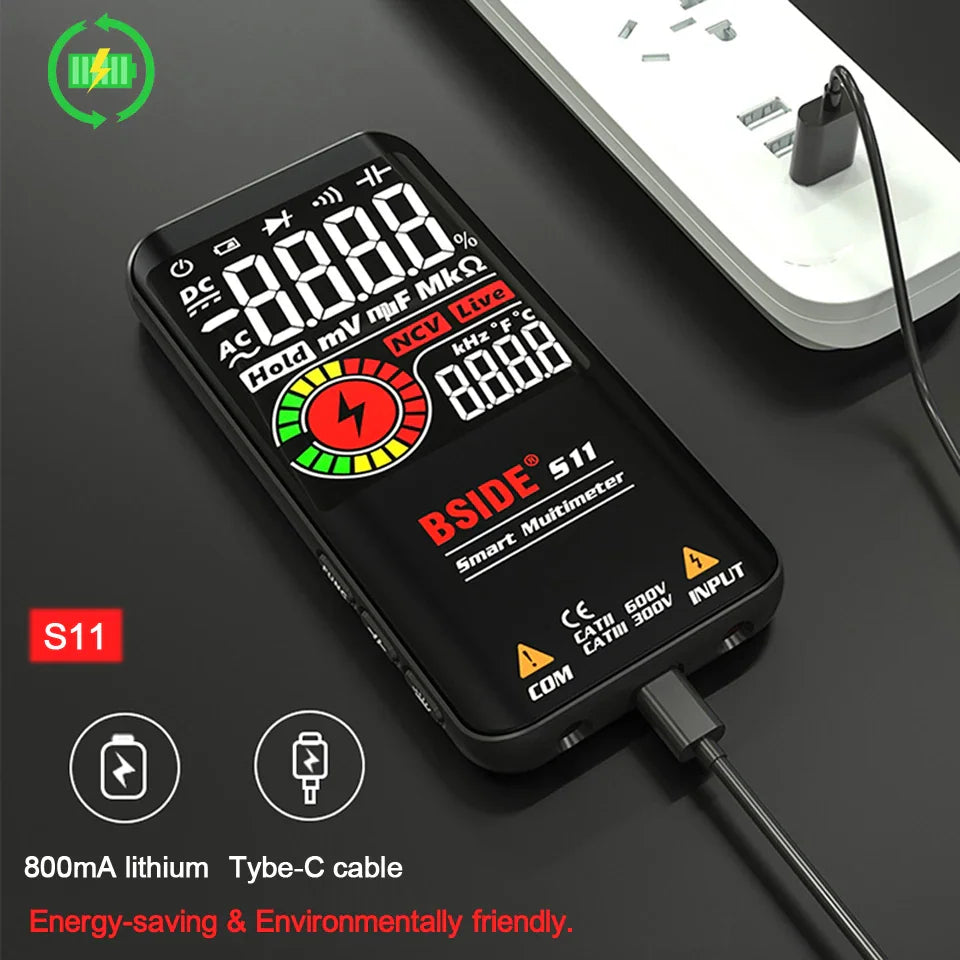 Digital multimeter connected to a power strip with a USB charging cable