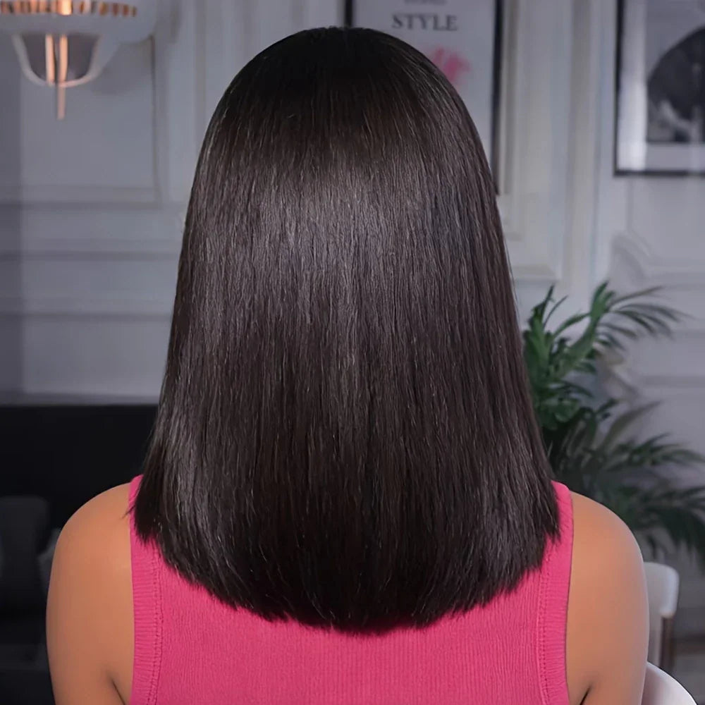 Back view of a straight black bob lace frontal wig on a mannequin.